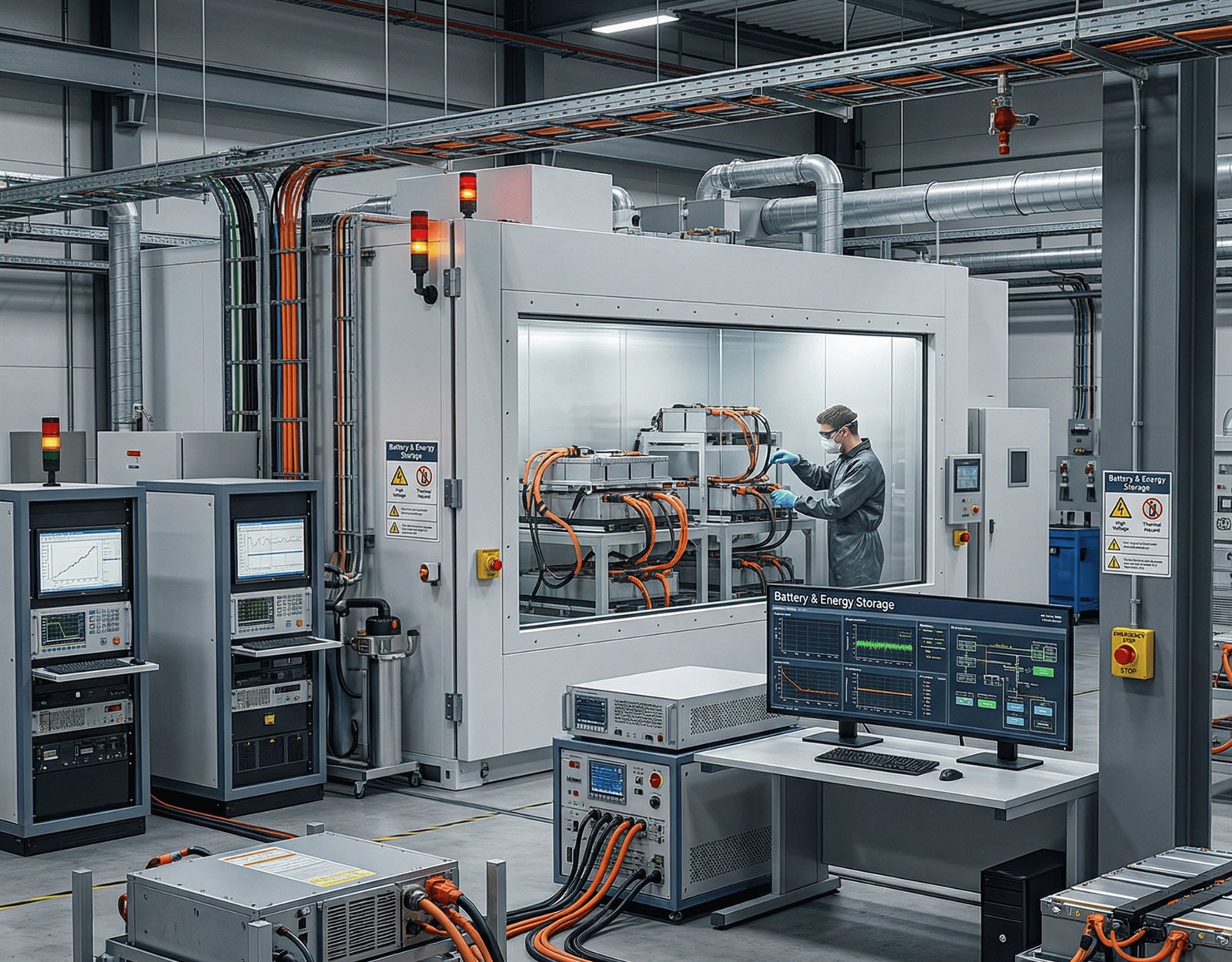 Illustrative application concept: battery energy storage validation laboratory with integrated walk-in test chambers